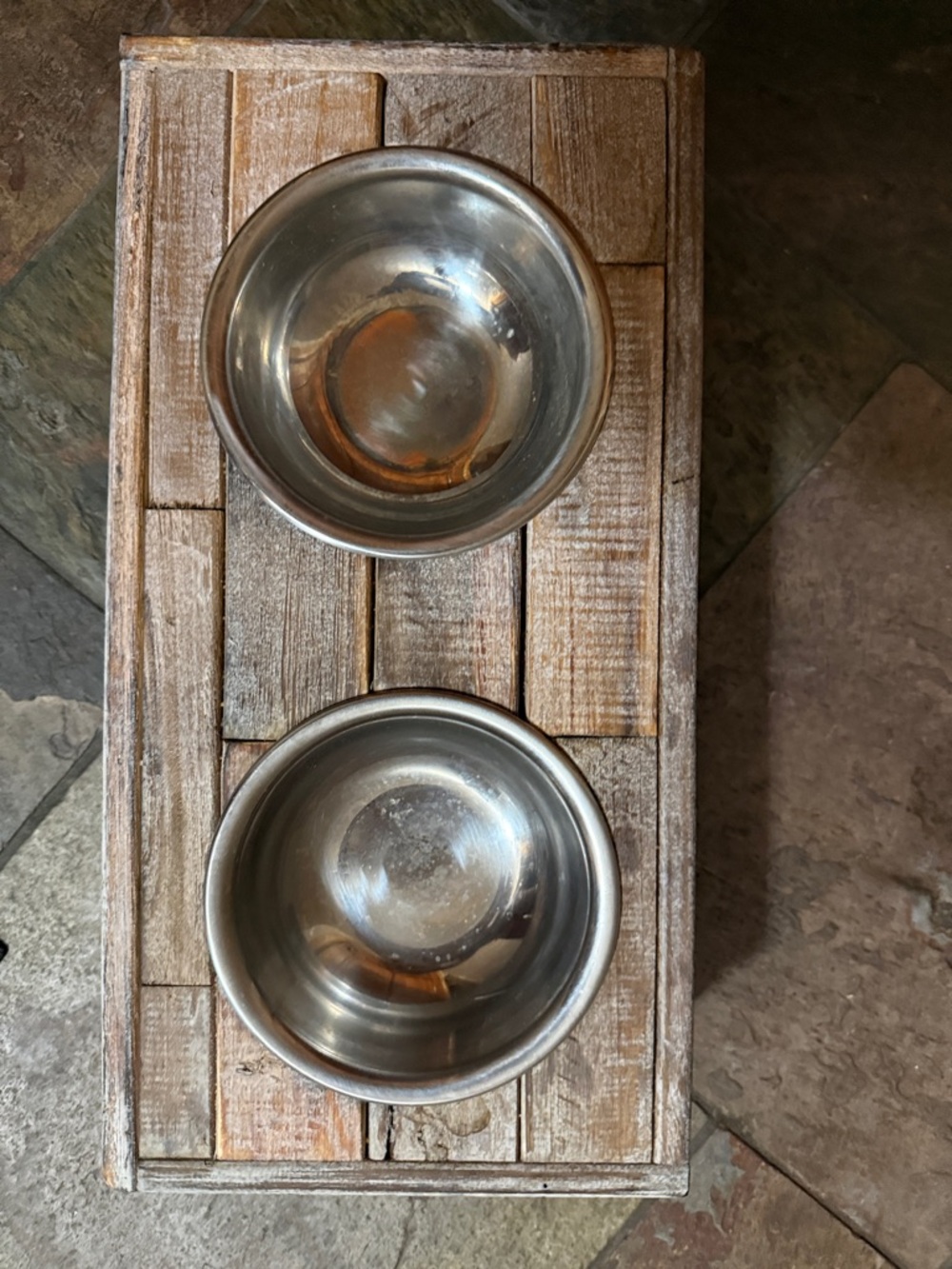 Rustic Wooden Double Dog Bowl Stand with Stainless Steel Bowls - Brown